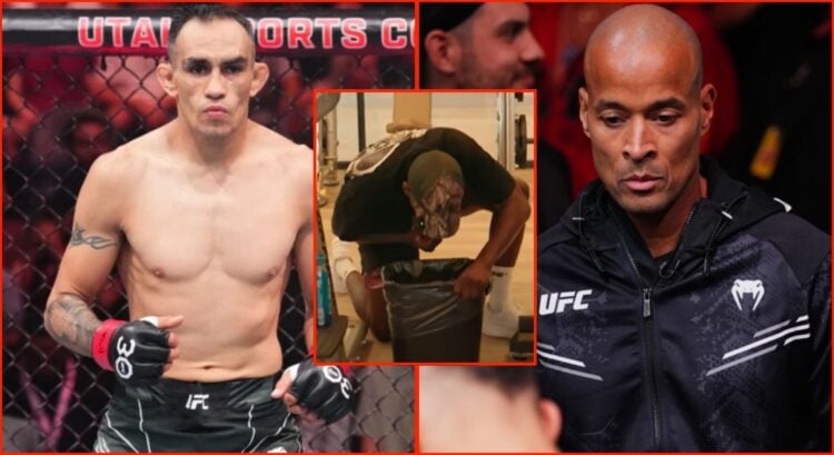 Split Image of Tony Ferguson at UFC 291 and David Goggins in his corner at UFC 296 with a screenshot inset of Israel Adesanya puking