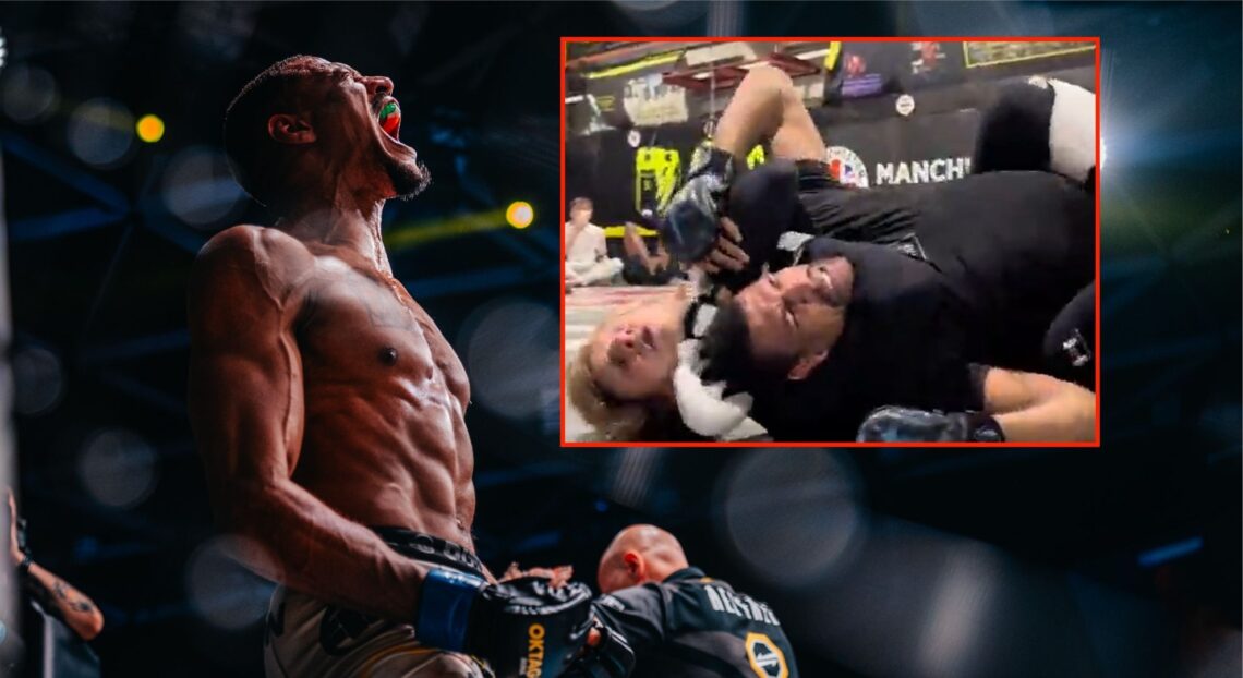 Denis Frimpong celebrates knocking out Arijan Topallaj at OKTAGON 71 with a screenshot of Paddy Pimblett choking him out