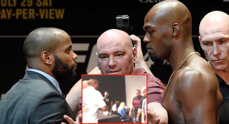 Daniel Cormier and Jon Jones face off at the UFC 214 pre-fight press conference, inset Cormier confronting Jones backstage at a media event