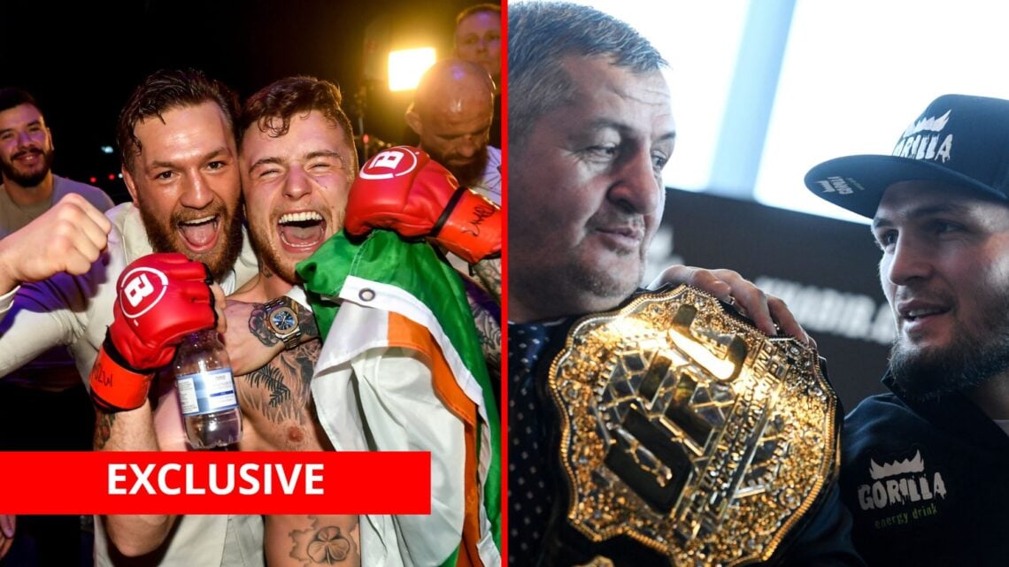 Split image of James Gallagher celebrating with Conor McGregor and Khabib Nurmagomedov with his dad with exclusive banner