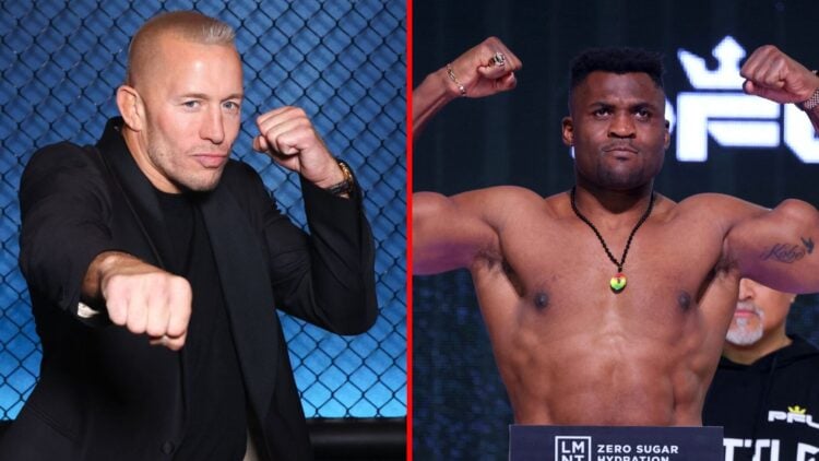 Split image of Georges St-Pierre posing at the 'La Cage' premiere and Francis Ngannou weighing in