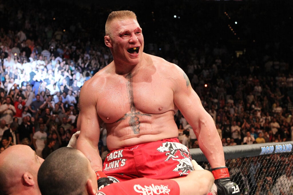 Brock Lesnar celebrates his win over Shane Carwin at UFC 116