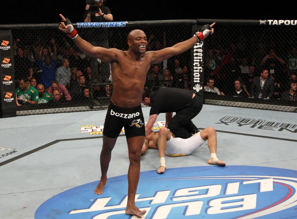 Anderson Silva celebrates his win over Vitor Belfort at UFC 126.
