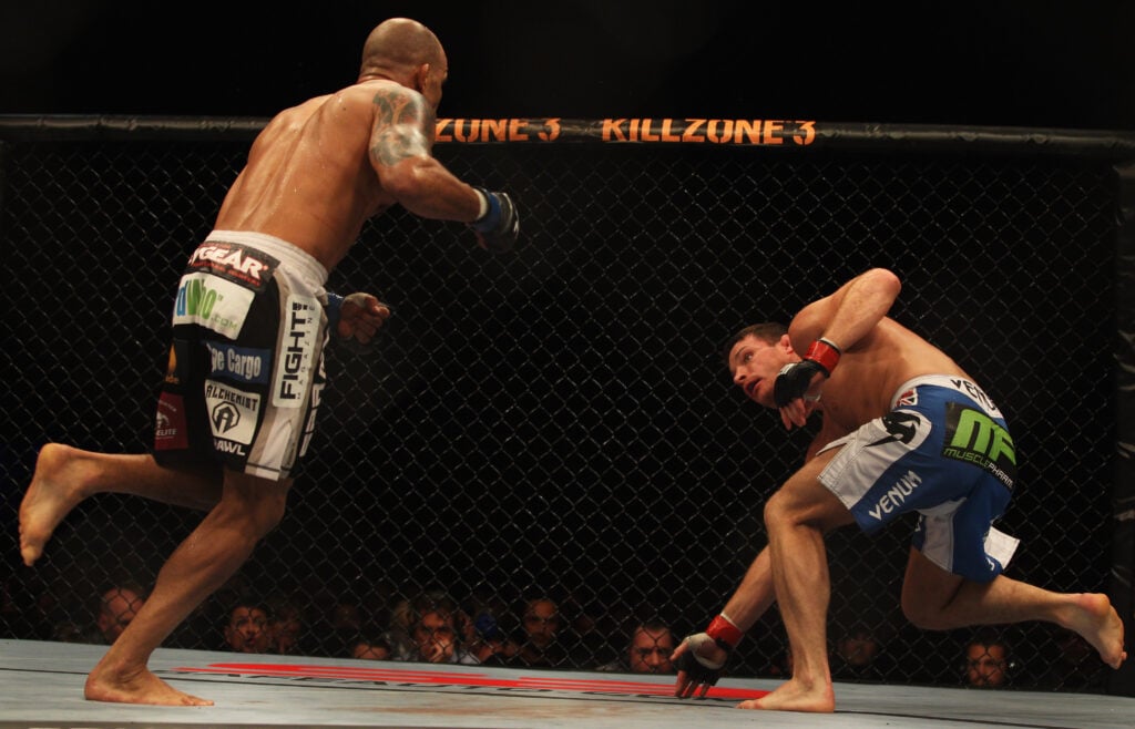 Michael Bisping gets dropped by Jorge Rivera during UFC 127 fight