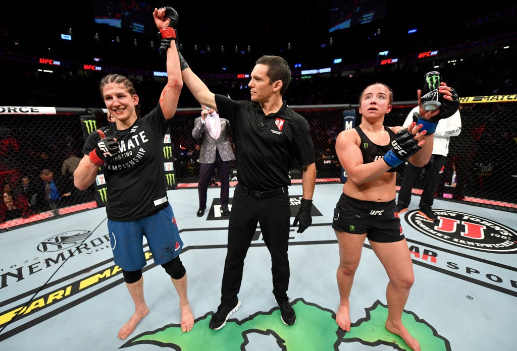 Roxanne Modafferi gets her hand raised after beating Maycee Barber at UFC 246