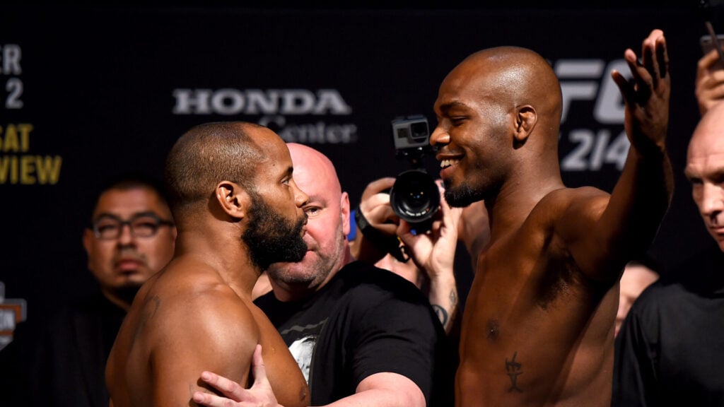 Daniel Cormier facing off with Jon Jones before UFC 214