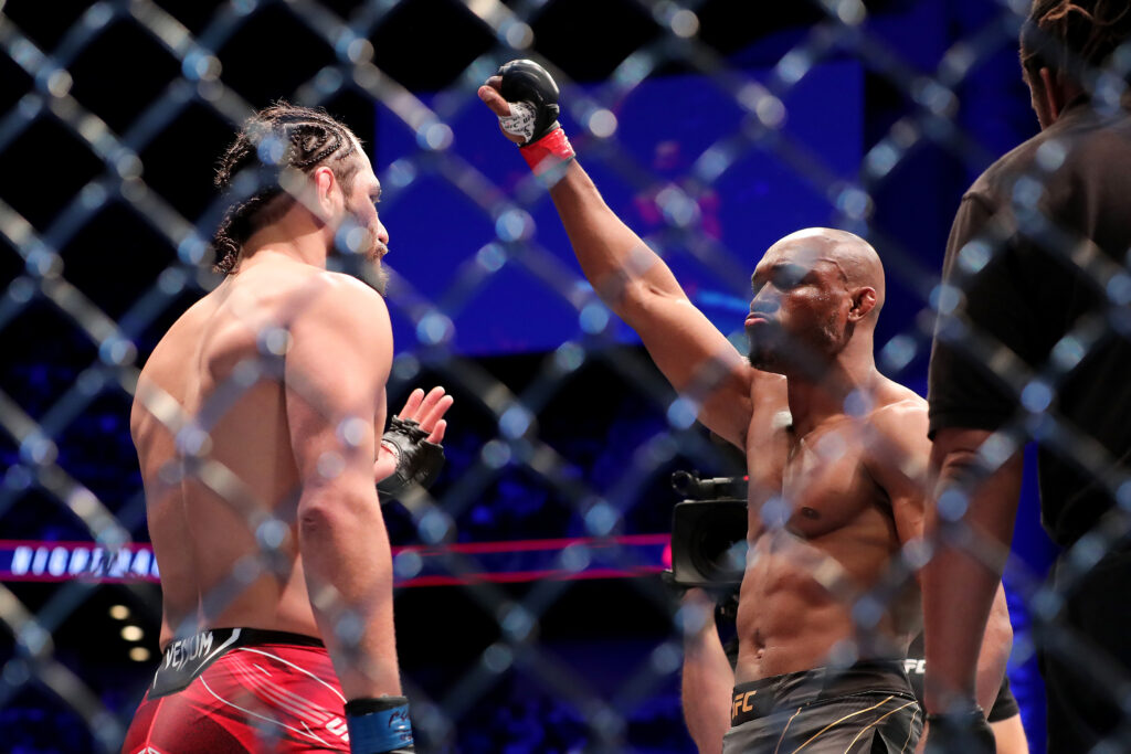 Kamaru Usman taunts Jorge Masvidal during their intros for their title fight at UFC 261