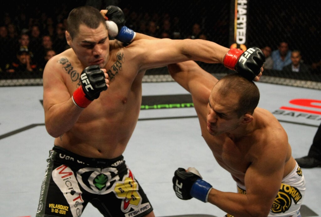 Junior dos Santos and Cain Velasquez trade punches during UFC heavyweight title fight