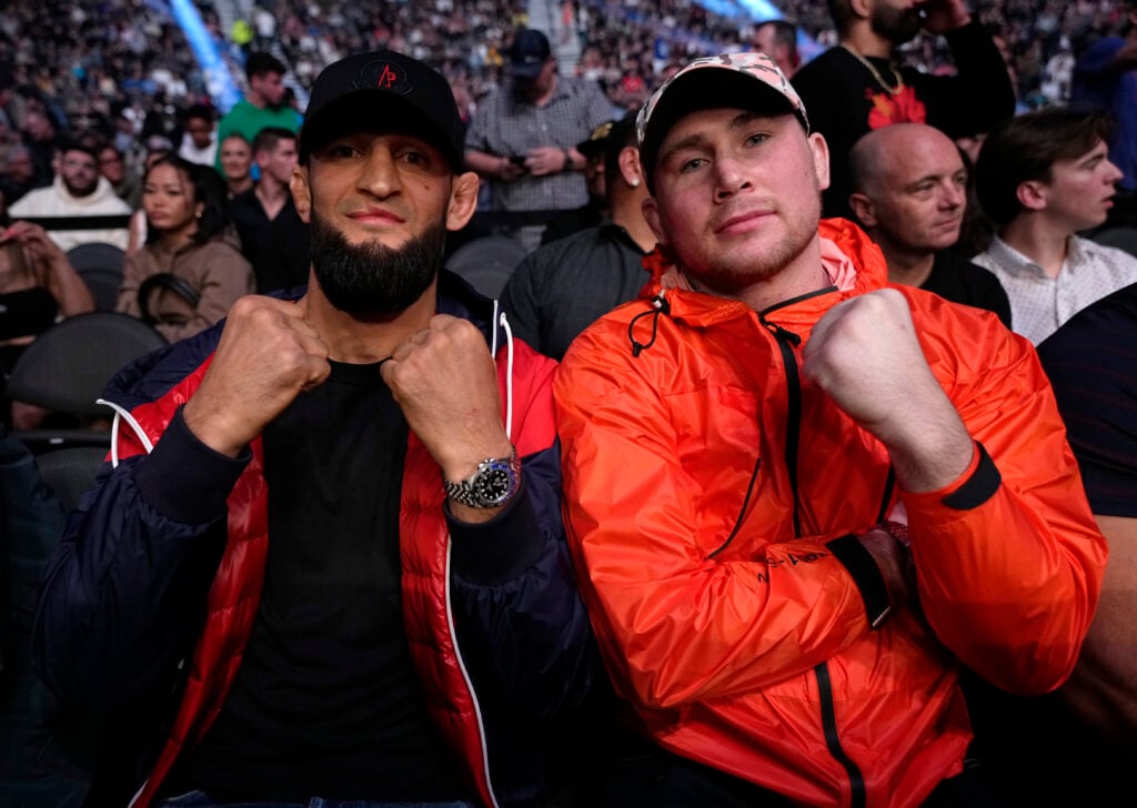 Khamzat Chimaev and Darren Till pose with fists up at UFC 272