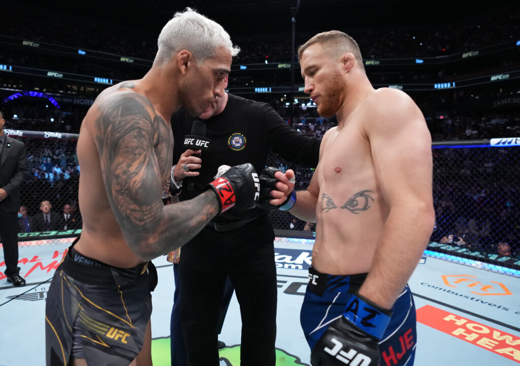 Charles Oliveira and Justin Gaethje face off ahead of their main event title fight at UFC 274 in May 2022.