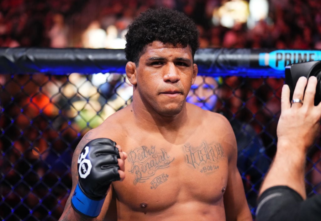 Gilbert Burns reacts during his fighter introduction at UFC 288 in Newark.