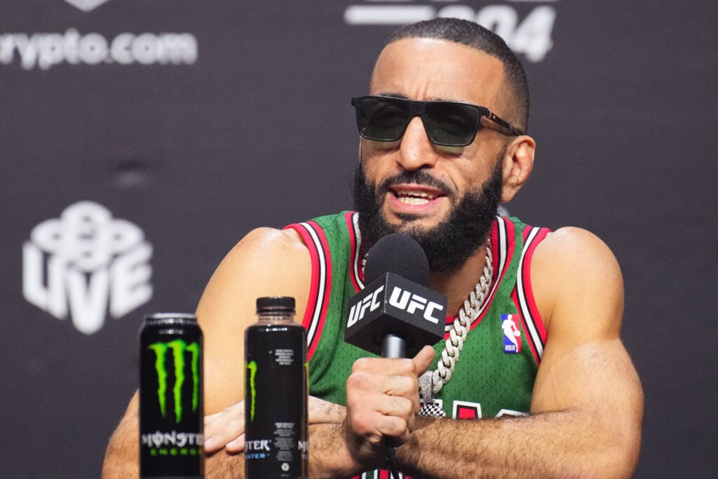 Belal Muhammad answers a question at the UFC 304 pre-fight press conference in Manchester
