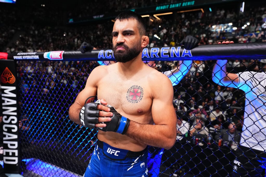 Benoit Saint-Denis enters the Octagon for his matchup with Renato Moicano at UFC Paris