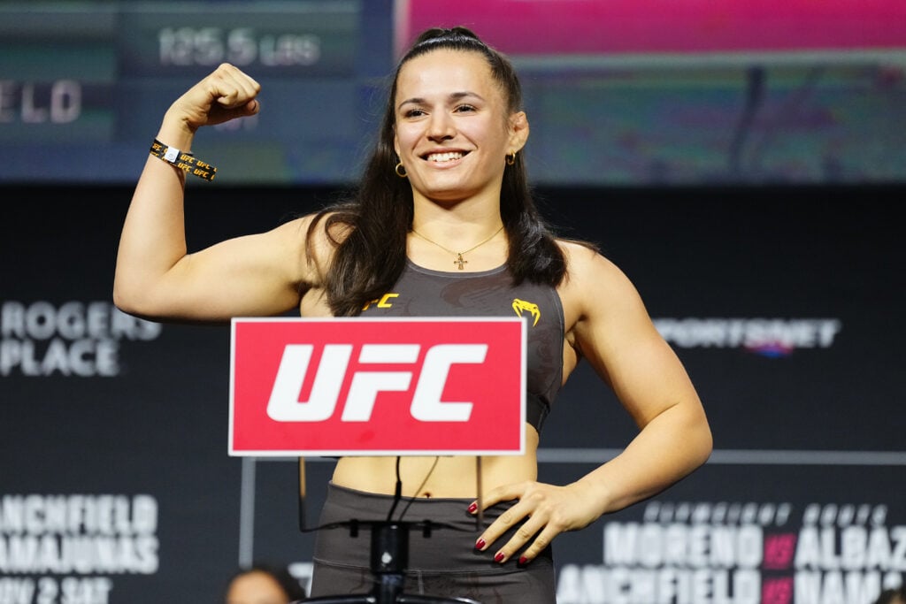 Erin Blanchfield poses at the weigh in before her fight with Rose Namajunas