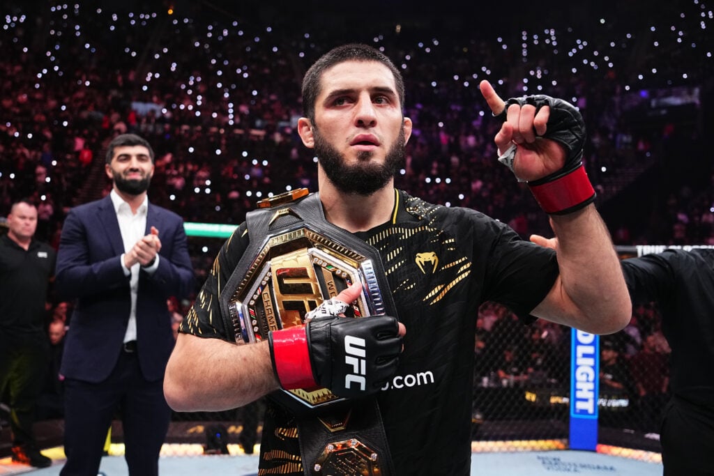 Islam Makhachev celebrates beating lightweight Renato Moicano at UFC 311