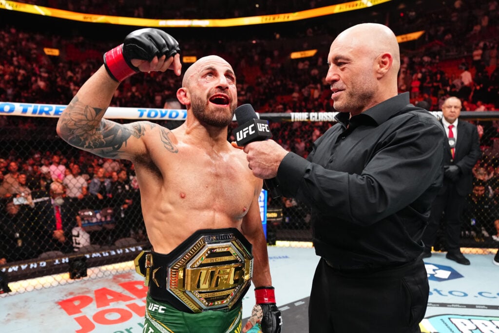 Alexander Volkanovski speaks with Joe Rogan after his title win at UFC 314