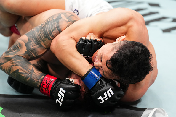 Quang Lee sinks in a rear-naked choke on Gaston Bolanos during their fight at UFC Des Moines