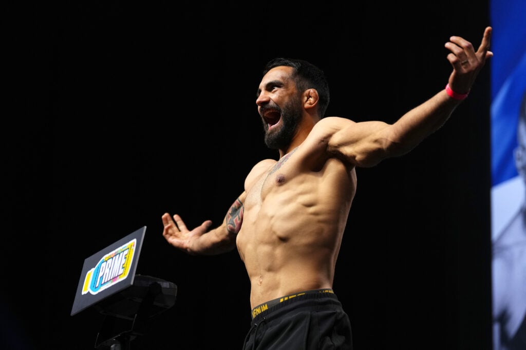 Benoit Saint-Denis on the scales during the UFC 315 ceremonial weigh-ins