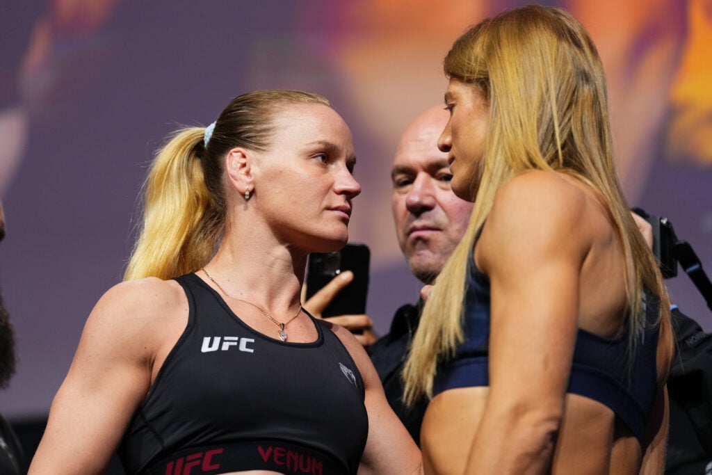 Valentina Shevchenko and Manon Fiorot face off at the UFC 315 ceremonial weigh-in