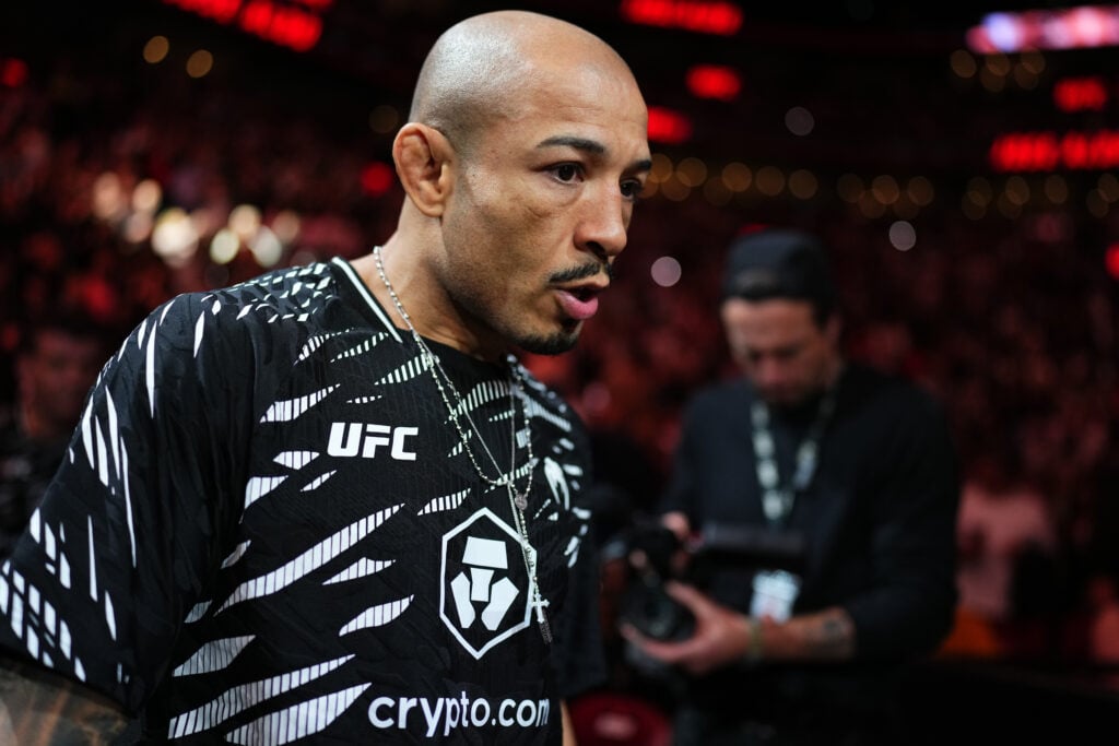 Jose Aldo walks out to the cage for his fight vs. Aiemann Zahabi at UFC 315