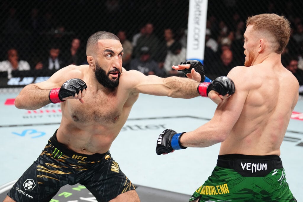 Belal Muhammad throws a punch at Jack Della Maddalena during UFC 315