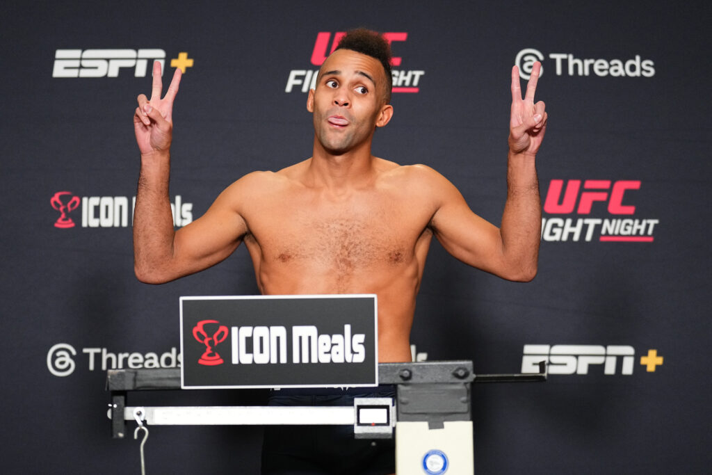 Jordan Leavitt poses on the scale at the UFC Vegas 107 official weigh-in