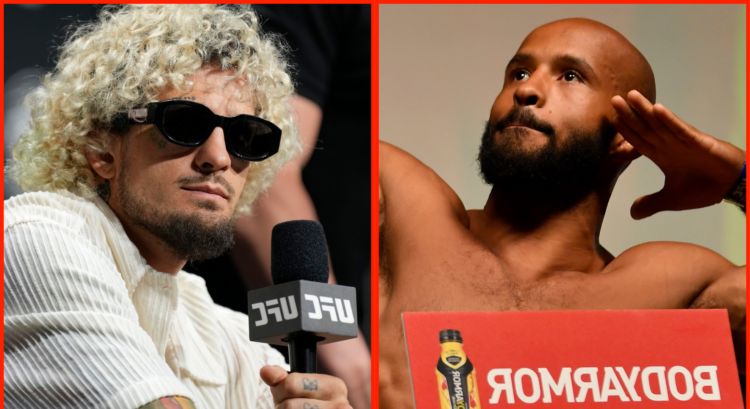 Sean O'Malley listens to a question at the UFC 316 on-sale press conference, opposite Demetrious Johnson at the UFC 216 ceremonial weigh-in