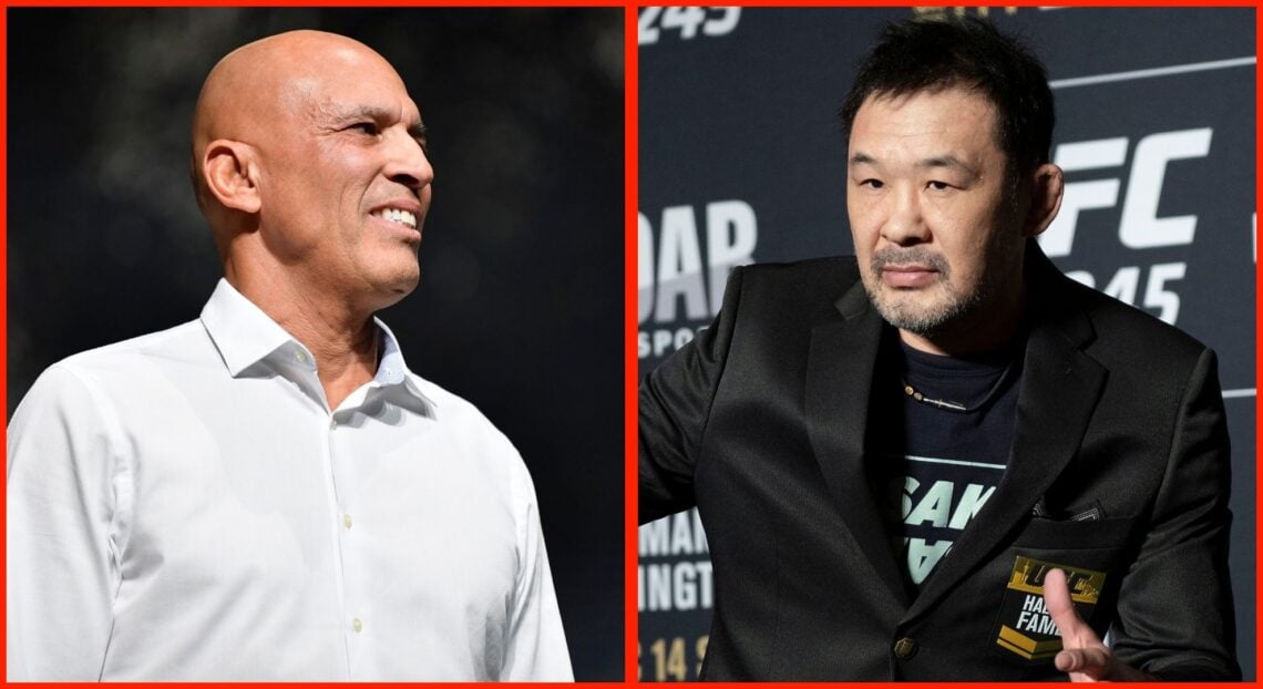 Split image of Royce Gracie on stage at the 2020 UFC Hall of Fame Induction Ceremony with Kazushi Sakuraba posing at the UFC 245 Ultimate Media Day