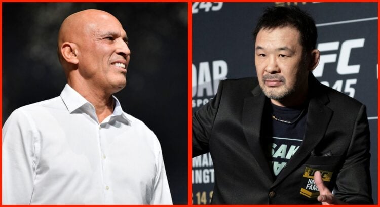 Split image of Royce Gracie on stage at the 2020 UFC Hall of Fame Induction Ceremony with Kazushi Sakuraba posing at the UFC 245 Ultimate Media Day