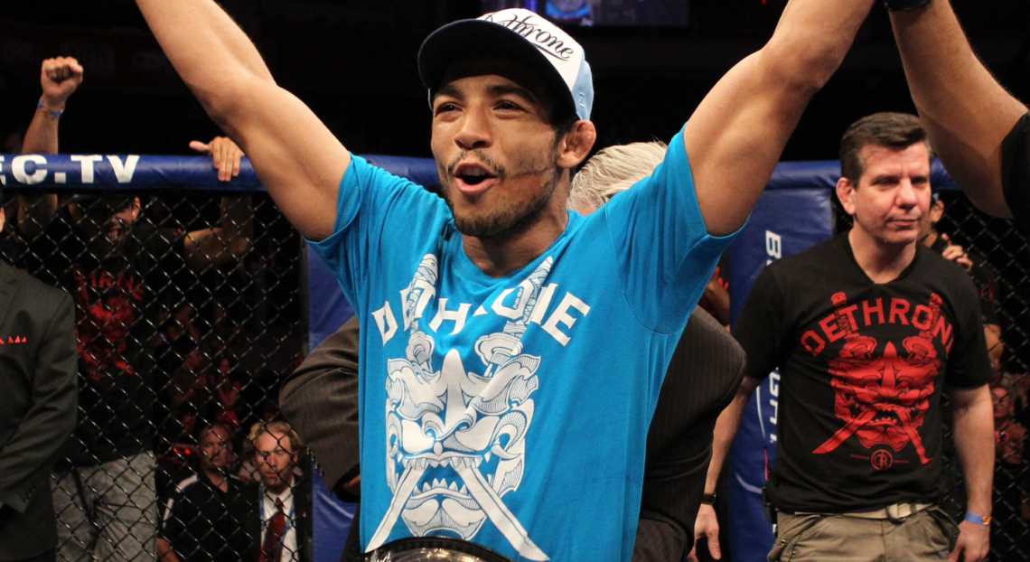 Jose Aldo reacts after defeating Manny Gamburyan in a WEC matchup