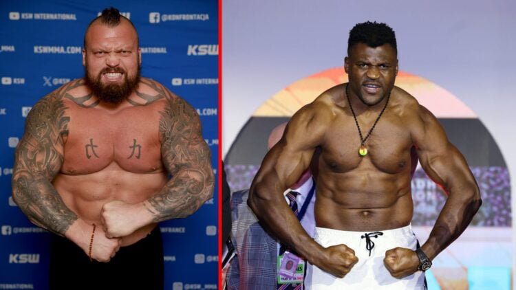 Split image of Eddie Hall and Francis Ngannou at weigh-ins
