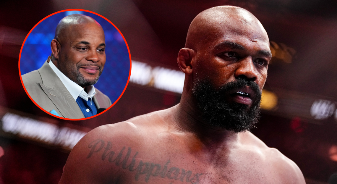 Jon Jones enters the Octagon for his fight at UFC 309, inset Daniel Cormier commentating at UFC 315