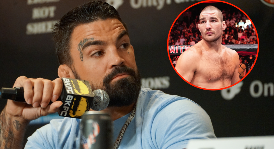 Mike Perry speaks during a Bare Knuckle FC press conference, inset Sean Strickland entering the cage at UFC 302