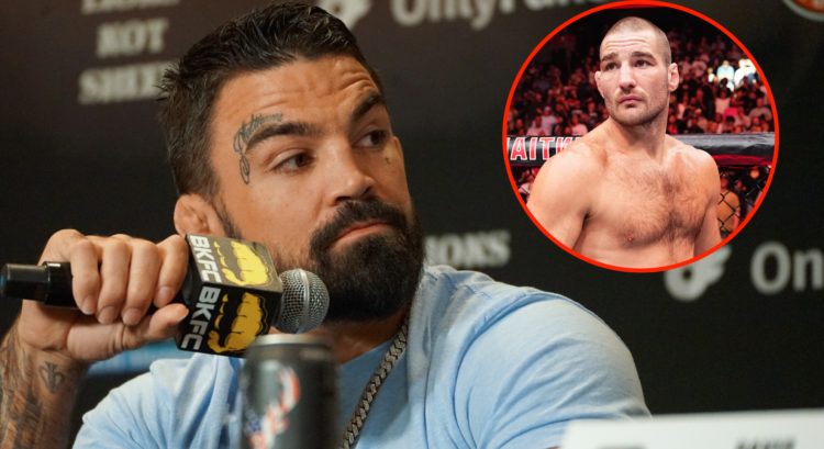 Mike Perry speaks during a Bare Knuckle FC press conference, inset Sean Strickland entering the cage at UFC 302