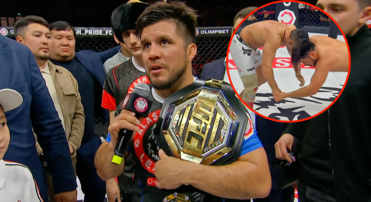 Henry Cejudo holding his UFC belt and giving an interiew (main photo). Henry Cejudo grappling Kairat Akhmetov (bubble photo)