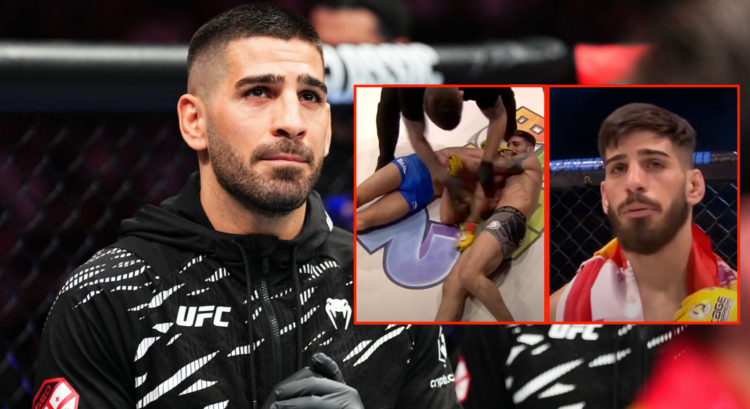 Ilia Topuria in the corner of his teammate at UFC event with insets of Ilia Topuria's win at Cage Warriors 94