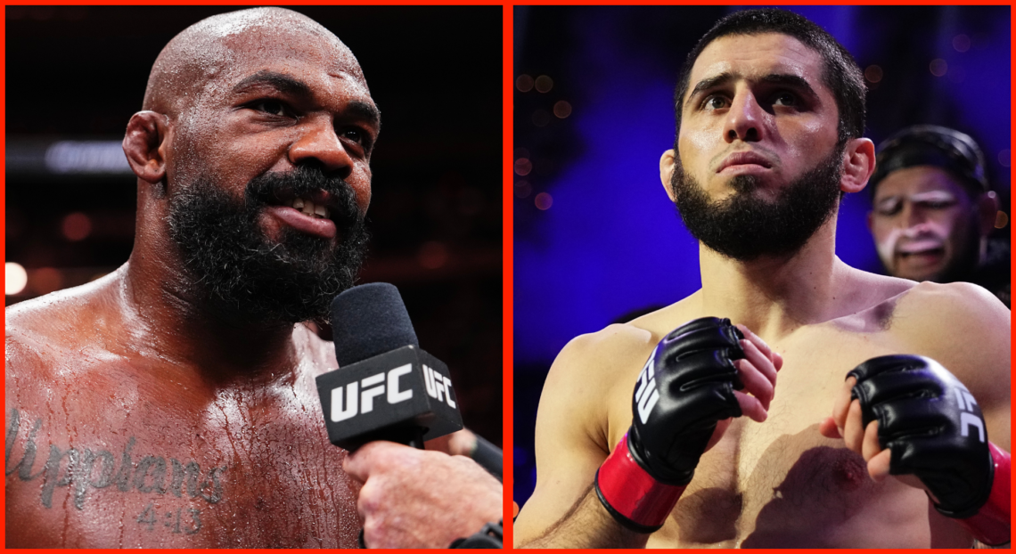 Jon Jones speaks during his post-fight interview at UFC 309, opposite Islam Makhachev during his intro at UFC 311