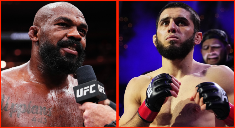 Jon Jones speaks during his post-fight interview at UFC 309, opposite Islam Makhachev during his intro at UFC 311
