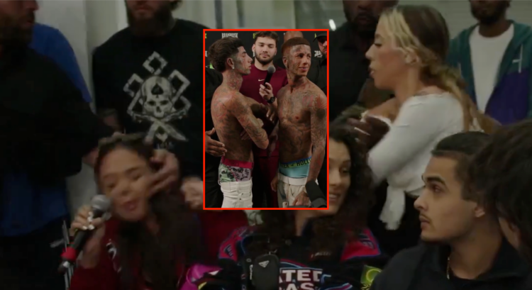 The Island Boys' girlfriends slap each other in the main photo. Block photo shows the Island Boys facing off