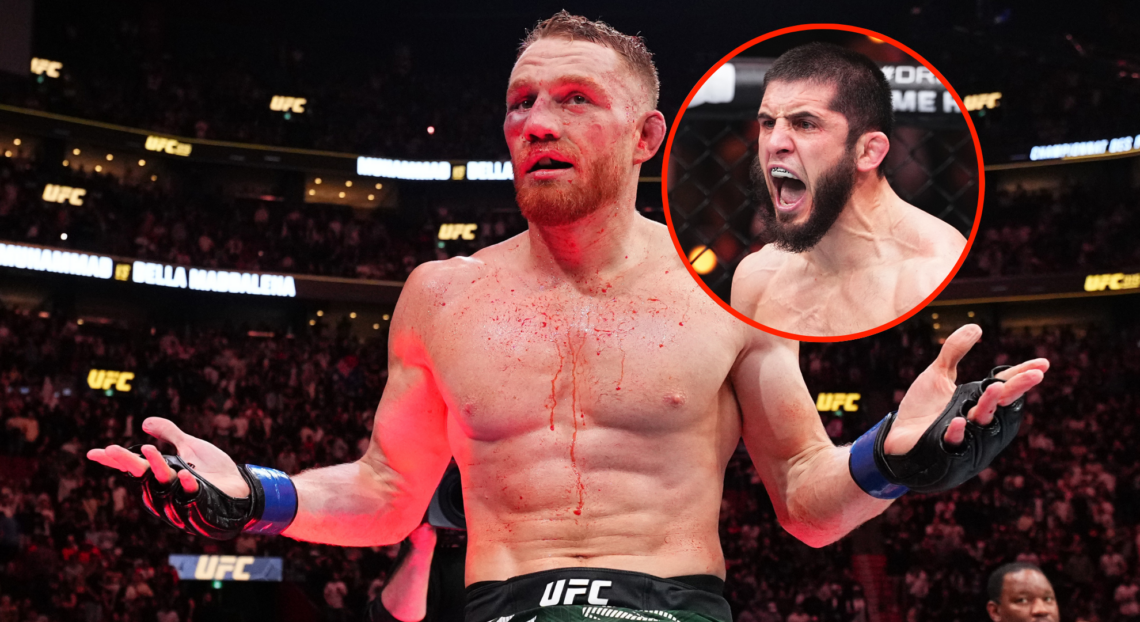 Jack Della Maddalena shrugs after winning at UFC 315. Bubble photo shows Islam Makhachev shouting after a fight