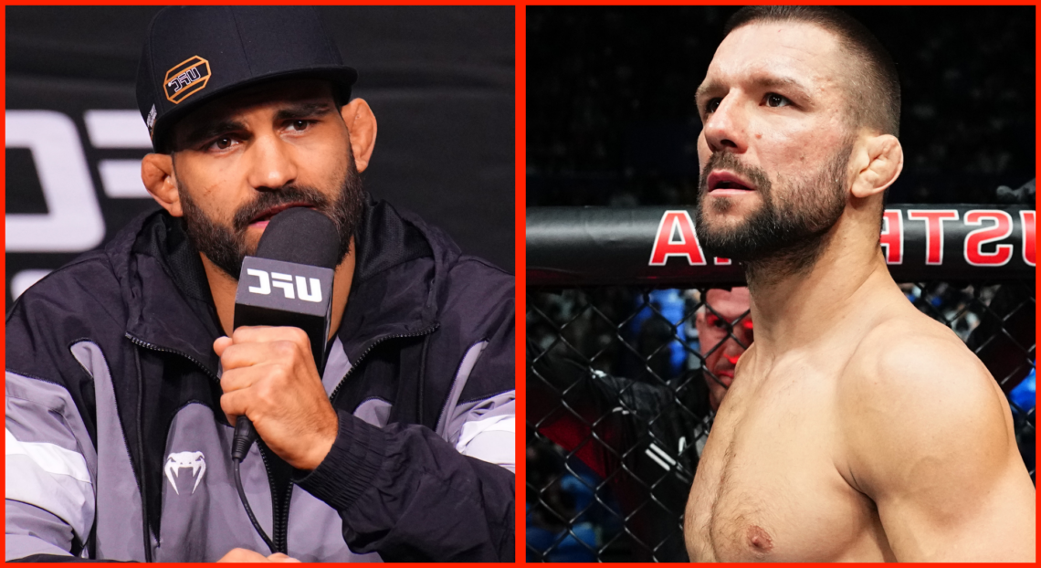 Benoit Saint-Denis answers a question at the UFC 299 pre-fight press conference, opposite Mateusz Gamrot entering the cage at UFC 305
