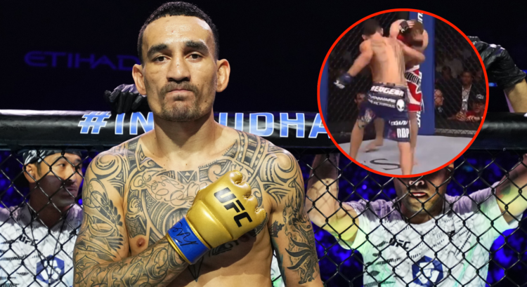 Max Holloway reacts during his fighter introduction at UFC 308 for his fight with Ilia Topuria, inset Holloway punching Justin Lawrence
