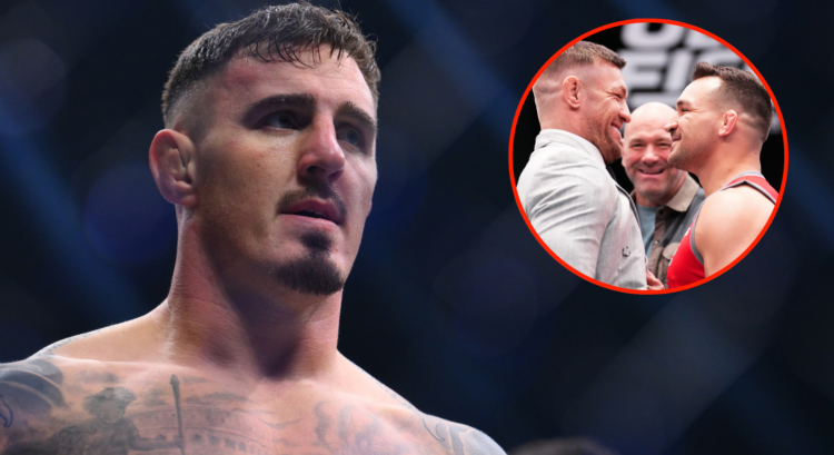Tom Aspinall enters the cage for his fight with Curtis Blaydes at UFC 304, inset Conor McGregor and Michael Chandler facing off on The Ultimate Fig...