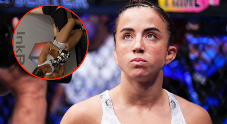 Maycee Barber prepares to fight Katlyn Cerminara in a flyweight bout at UFC 299, inset Barber submitting Itzel Esquivel
