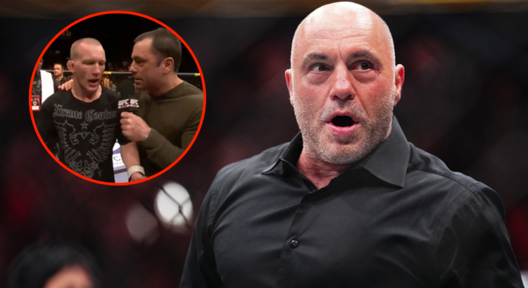 Joe Rogan reacts after Max Holloway's knockout win at UFC 300, inset Rogan interviewing Gray Maynard at The Ultimate Fighter 5 Finale
