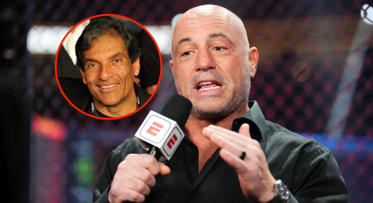 Main photo shows Joe Rogan speaking into an ESPN microphone at cageside. Bubble shows Rorion Gracie enjoying a UFC event