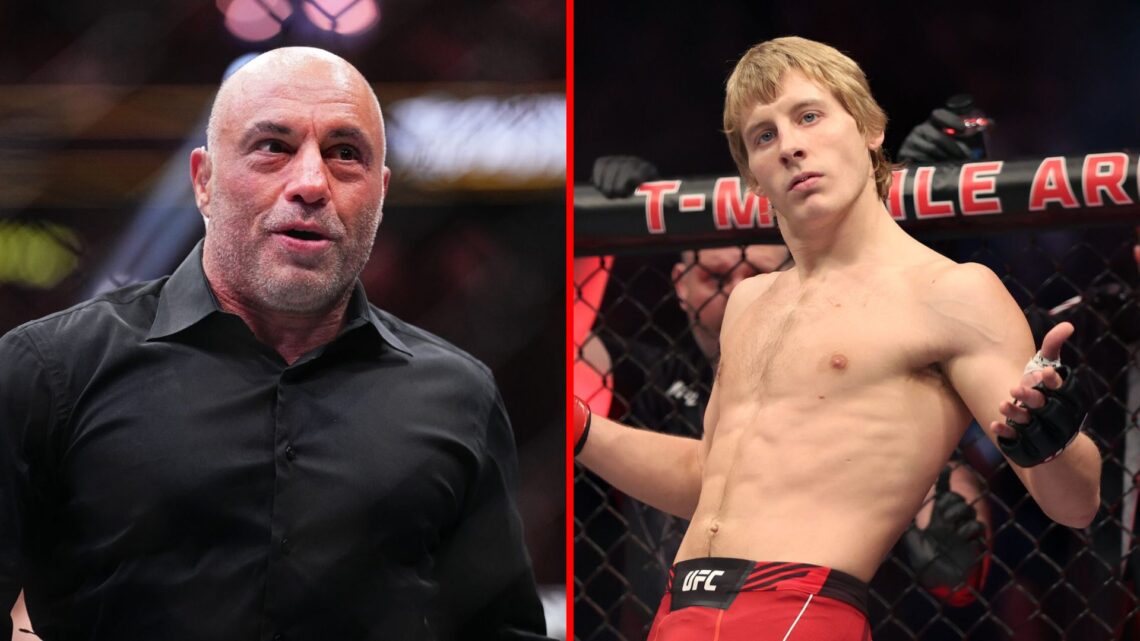 Split image of Joe Rogan in the octagon and Paddy Pimblett about to fight