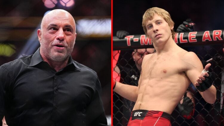 Split image of Joe Rogan in the octagon and Paddy Pimblett about to fight