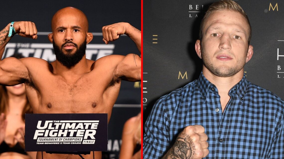 Split image of Demetrious Johnson at a weigh-in at a fight night after-party