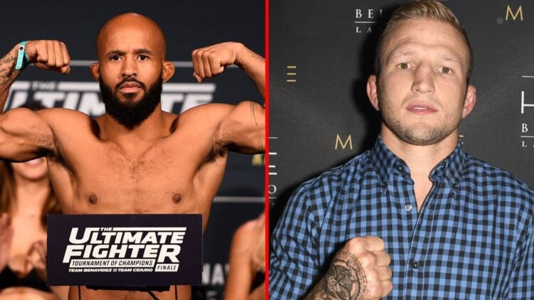 Split image of Demetrious Johnson at a weigh-in at a fight night after-party